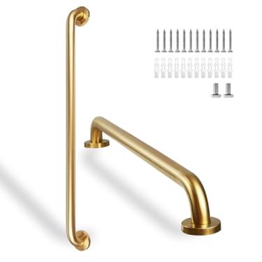 Imagem de Rackickyer Barra de apoio para chuveiro, pacote com 2 barras de segurança de banheiro douradas de 81 cm, barras de apoio de aço inoxidável 304 de diâmetro para banheiras e chuveiros, barra de apoio de