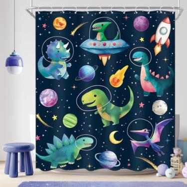 Imagem de Ufeela Cortina de chuveiro infantil de dinossauro 152 cm L x 182 cm de comprimento fofo dinossauro em azul espaço sideral desenho animado planeta cosmos foguete nave espacial conjunto de banheiro
