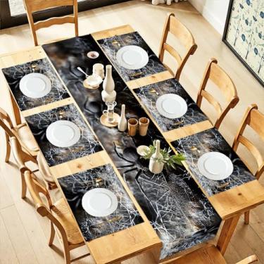 Imagem de ANNA QUEEN Conjunto de 6 corredores de mesa e jogos americanos de teia de aranha de Halloween, 33 x 182 cm, jogo americano de 30 x 45 cm, conjunto de mesa de jantar com aranha preta assustadora para