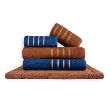 Imagem de Jogo de Toalhas de Banho 5 Peças 100% Algodão – 2 Toalhas de Banho Grandes e Macias + 2 de Rosto + 1 Tapete Antiderrapante para Banheiro (Marrom Escuro e Azul Escuro)