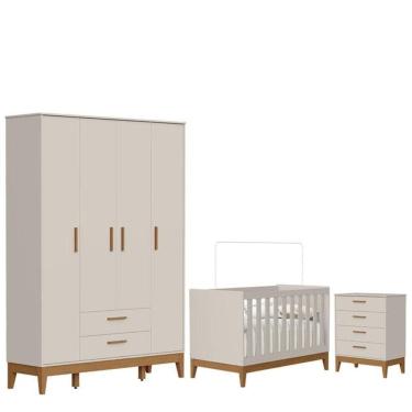 Imagem de Quarto De Bebê Flip Guarda Roupa 4 Portas E Cômoda Gaveteiro Areia Acetinado - Reller