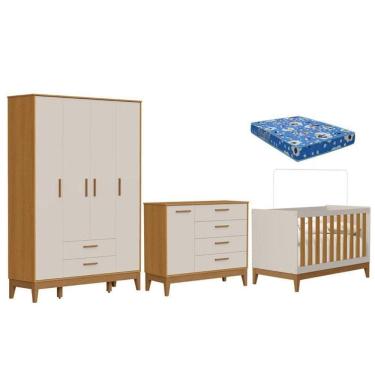 Imagem de Quarto De Bebê Flip Com Cômoda Sapateira Areia Acetinado Savana Com Colchão Ortobom - Reller