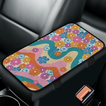 Imagem de Bulopur Boho Hippie Suporte de braço para console central de carro floral fofo inverno acessórios interiores automotivos antiderrapante capa de apoio de braço resistente a manchas universal abeto para