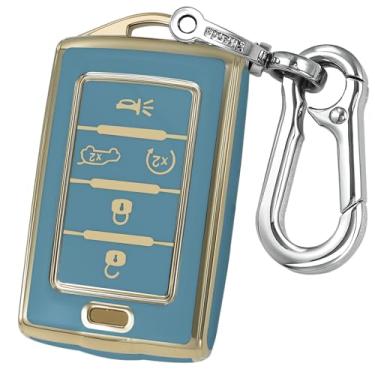 Imagem de Kirsnda Capa de chaveiro com fivela de metal compatível com chave de controle remoto inteligente Jeep Grand Cherokee L Grand Wagoneer, acessórios para chaves, capa de proteção TPU (6 botões dourado