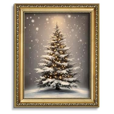 Imagem de AIMAILON Arte de parede de Natal em tela emoldurada vintage, arte festiva de férias de inverno para sala de estar, vaso sanitário, pinheiro, flocos de neve, decoração de imagem de paisagem quente e
