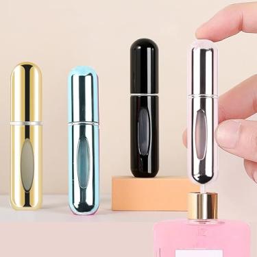 Imagem de Pacote com 4 minifrascos atomizadores recarregáveis portáteis de 5 ml para viagem e perfume, spray, pequeno spray de perfume para viagens e saídas, ouro, azul, preto, rosa