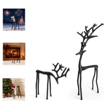 Imagem de Estátuas de Natal de rena de metal preto - Estatuetas modernas e elegantes para decoração de férias internas - Mesa de centro de mesa de Natal para cornija, sala de estar, quarto, escritório (A+B)