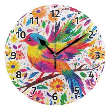 Imagem de WELLDAY Relógio de parede sem tique-taque 25 cm - pássaro floral mexicano operado por bateria relógio redondo silencioso para casa/escritório/cozinha/sala de aula