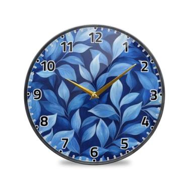 Imagem de WELLDAY Relógio de parede sem tique-taque 30,5 cm - motivo de folha azul operado por bateria relógio redondo silencioso de quartzo para casa/escritório/cozinha/sala de aula