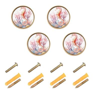 Imagem de Burbuja Maçanetas de armário de cozinha Aquarela Coral Reef Seahorses Pacote com 4 Puxadores de Gaveta Redonda, Puxadores de Gaveta com Parafusos para Cozinha Quarto Armários Armário