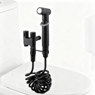 Imagem de WALWAL Kit de pulverizador de bidê portátil para vaso sanitário de alta pressão, botão sem pressão, 2 m, mangueira retrátil sem dobras, suporte giratório de uma peça (preto)