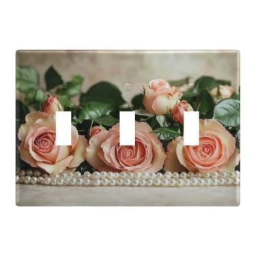 Imagem de Burbuja Valentine Roses Pearl Toggle Light Switch Wall Plate Cover, placa decorativa para parede, parafusos incluídos, 3 gangs