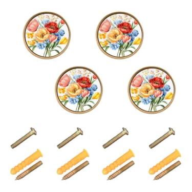 Imagem de Burbuja Buquê floral aquarela maçanetas de armário de cozinha, pacote com 4, puxadores redondos de 3,5 cm, puxadores de cômoda com parafusos para armários de cozinha, quarto, armário