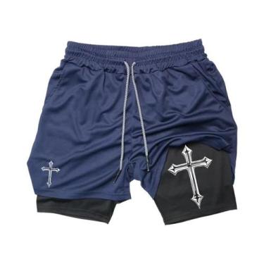Imagem de Shorts Masculinos De Corrida Com Estampa De Cruz Cristã 2 Em 1 Para Tr