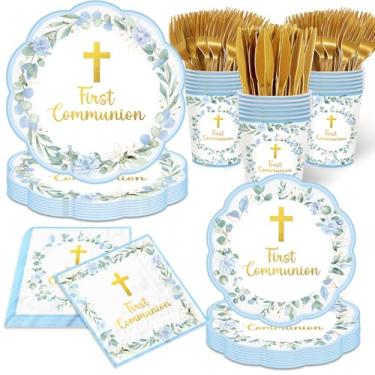 Imagem de Conjunto de pratos e guardanapos de festa de primeira comunhão (azul)