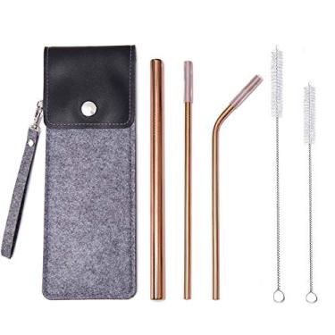 Imagem de Inoxidável, sem resíduos, canudos de aço reutilizáveis com estojo e suporte de palha, canudos de copo (1 canudo liso de chá Boba, 2 canudos regulares de metal para beber, 2 pincéis), Rose Gold, diameter: 0.24in /0.47in, Length: 8.5in