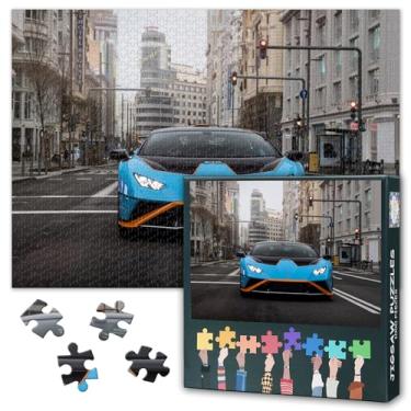 Imagem de Quebra-cabeças para adultos 1000 peças - quebra-cabeça carro esportivo azul na rua (27,5 x 19,7 polegadas), quebra-cabeça desafiador de carro de luxo para adultos, jogo familiar para homens e mulheres