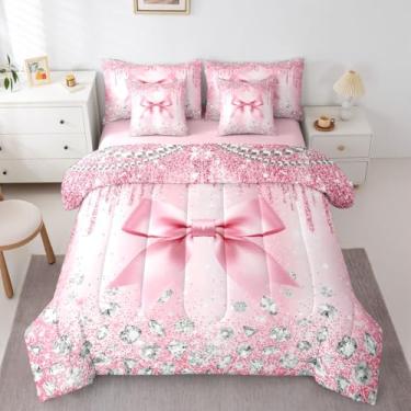 Imagem de Erosebridal Conjunto de edredom completo com laço e glitter, rosa, 7 peças | Cama de coquete com laço em uma bolsa para quarto, conjunto de cama kawaii com fita fofa com edredom, decoração de quarto