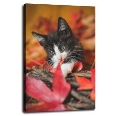 Imagem de 0917 Cute Wall Art White Kitten Canvas Prints Colorful Leaves Poster For Home Conjunto de 1 Decorações com Moldura 61.0 cm x 40.6 cm