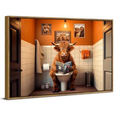 Imagem de Arte de parede emoldurada de vaca decoração engraçada de parede de banheiro highland vaca pôster impressões em tela animais engraçados ler pintura de imagem de jornal para prateleira de vaso sanitário