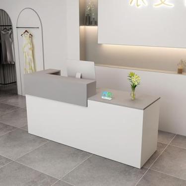 Imagem de Balcão De Recepção De Caixa Em Forma De L De Madeira, Balcão De Varejo Moderno Simples Para Checkout, Loja De Varejo De Salão Com Gaveta Trancável E Bandeja De Te, Light Gray Right Corner, 39.3 inch