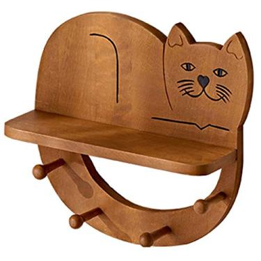 Imagem de Prateleiras flutuantes cabide de madeira maciça, rack de armazenamento em forma de gato, decoração de parede multifuncional, prateleiras flutuantes de estilo nórdico, rolamento de carga 6 kg (cor
