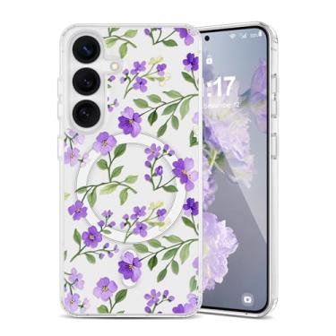 Imagem de EYZUTAK Capa magnética para Samsung Galaxy S25 FE com flores compatível com MagSafe, bonita floral elegante estética capa protetora transparente antiamarelamento para meninas e mulheres - roxo