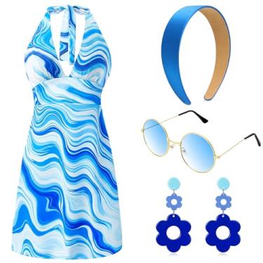 Imagem de SATINIOR 4 peças de fantasia hippie feminina dos anos 70 e 60, roupa retrô para discoteca, brinco descolado, faixa de cabeça, vestido de óculos de sol para o Dia das Bruxas (pequeno)