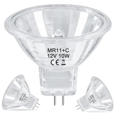 Imagem de Lacnooe Lâmpada de halogêneo MR11 10W 12V FTD holofote com longa vida útil, base de dois pinos GU4, lâmpadas MR11 reguláveis com tampa de vidro para paisagem, destaque, luzes de trilha, fibra ótica