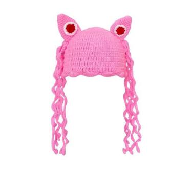 Imagem de Chapéu de malha feito à mão com orelha de gato rosa para mulheres, acr
