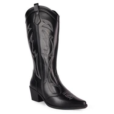 Imagem de Bota Western Feminina Cano Alto Bordada Texana Bico Fino Quadrado Coun