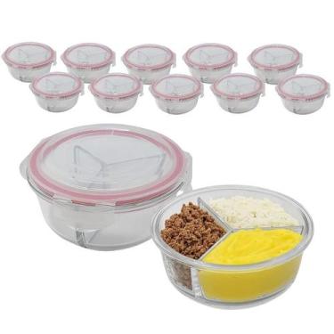 Imagem de Kit 10 Potes De Vidro 875ml 3 Divisórias Hermético Marmita Fit Com Tra