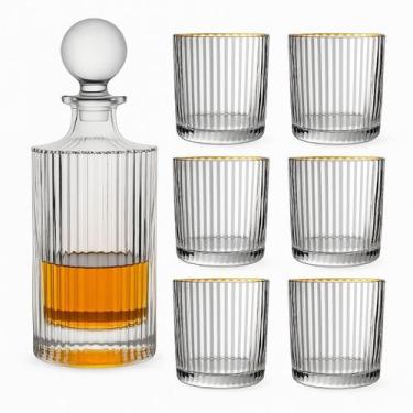Imagem de Kit Garrafa Whisky Licoreira 770ml 6 Copos Vidro 320ml Borda Dourada H