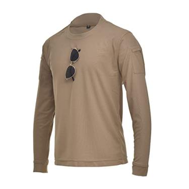 Imagem de Bestgift Camiseta masculina solta plus size tático manga longa stretch camiseta corpo militar gola redonda, Khaki, M