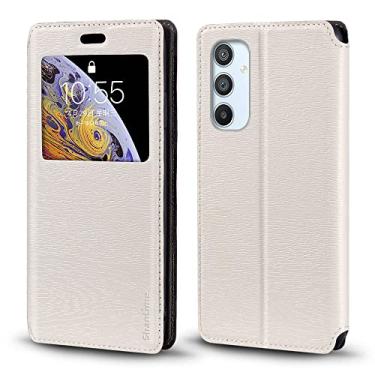 Imagem de Capa para Samsung Galaxy A54 5G, capa de couro de grão de madeira com porta-cartão e janela, capa flip magnética para Samsung Galaxy Quantum 4 5G (6,4 polegadas) branca