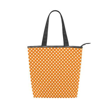 Imagem de Bolsa feminina de lona durável laranja e branca com bolinhas, bolsa de ombro para compras de grande capacidade