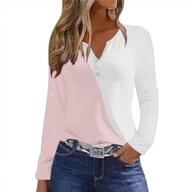 Imagem de Camisetas femininas casuais de manga comprida com botão e gola V, túnica de verão, folgada, estampada, básica, #01 - rosa, P