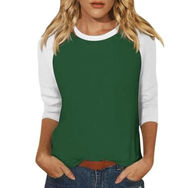 Imagem de Blusas femininas gola redonda manga 3/4 camiseta casual color block camiseta solta confortável camiseta túnica para treino, Verde, GG