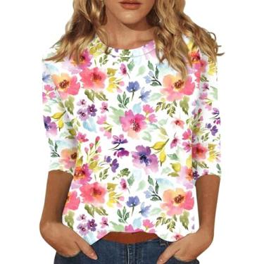 Imagem de Camisetas femininas de verão 2024 na moda manga 3/4 boho estampa floral túnica camiseta gola redonda casual solta, Azul, M