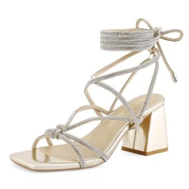 Imagem de Shoe'N Tale Sandálias femininas de salto alto gladiador com tiras no tornozelo salto grosso salto bloco quadrado bico aberto sapatos sociais cruzados, Glitter dourado, 35