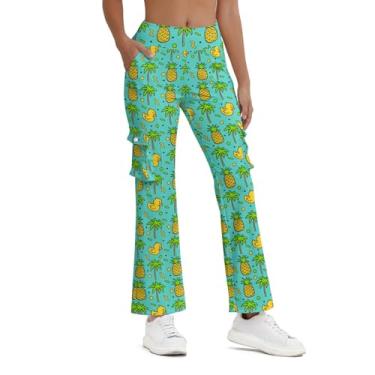 Imagem de Balicaton Calça feminina de ioga elástica com boca de sino elástica casual com bolsos, Pato abacaxi, XXG