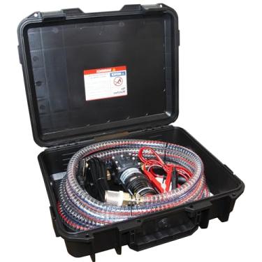 Imagem de GENHOU Conjunto de bomba de transferência de combustível de 12 V, movimenta até 122 galões de gás ou diesel por hora com motor CC de 75 W e estojo de transporte atualizado, com tubo de combustível de