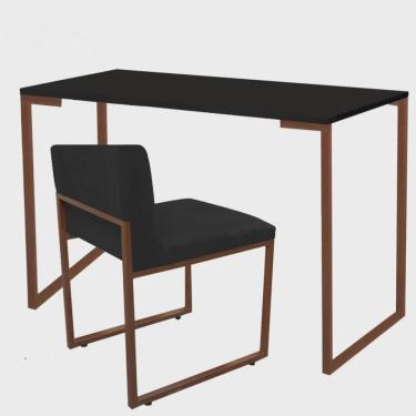 Imagem de Kit Mesa Escrivaninha Stan e Cadeira Lee Industrial Escritório Tampo Preto Bronze Suede Preto - Ahz Móveis