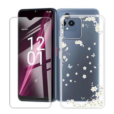Imagem de YQINHHME Capa transparente para T-Mobile Revvl 6X 5G (6,5 polegadas) com 1 x protetor de tela de vidro temperado, capa fina de TPU macio à prova de choque X anti-arranhões para T-Mobile Revvl 6X 5G - Flor branca