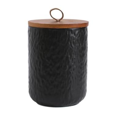 Imagem de MEIGLQEA Lata De Café Cerâmica Preta E Branca Com Tampa Madeira, Recipiente Hermético Para Armazenamento Grãos, Moído, Açúcar, Pote Biscoitos Doces (Preto, 1300 Ml)