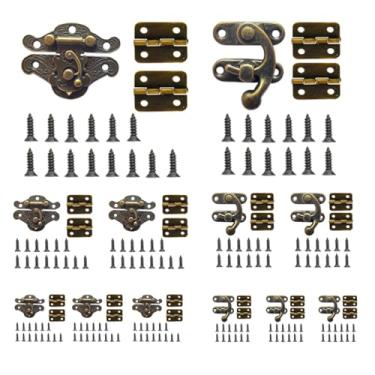 Imagem de EAEDMY 36 conjuntos de dobradiças de caixa de joias retrô, travas e ganchos para caixas de madeira - Ferragens de móveis de armário antigo, dobradiça de trava pequena de latão bronze - Tom bronze (12