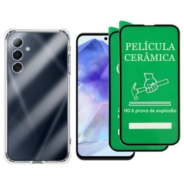 Imagem de Kit Proteção Galaxy A55, Capa Transparente TPU + 2 Películas de Cerâmica Anti Impacto, Proteção 9H