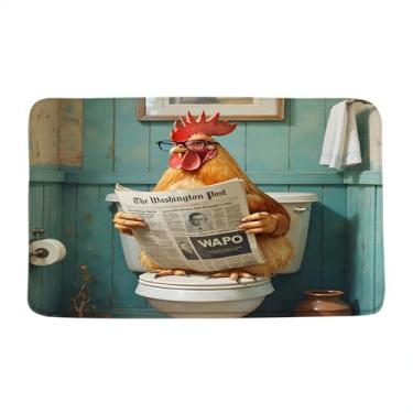 Imagem de VPUPCN Tapete de banho engraçado galo fazenda leitura jornal rústico casa de fazenda animal hilário microfibra memória espuma tapete de banheiro capacho cozinha vaso sanitário, 48 x 73 centímetros