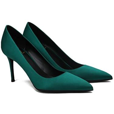 Imagem de MOOMMO Sapatos Sociais Femininos De Salto Alto Verde Cetim, Calçados Slip-On Clássicos, Bico Fino, Stiletto, Camurça, Para Casamento, Escritório, Sandálias Fechadas, Gatinho, Feminino, Elegante, Ret