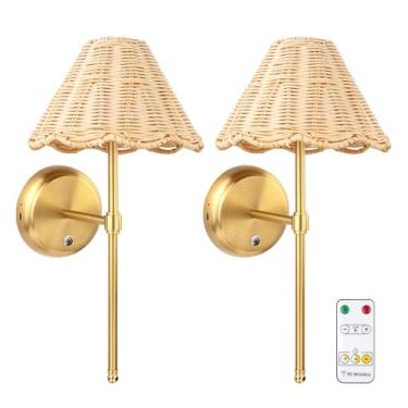 Imagem de Folux Conjunto de 2 arandelas de parede Boho Rattan operadas por bateria, lâmpada magnética de escurecimento contínuo, bateria recarregável de 5200 mAh e LED integrado, para sala de estar, quarto